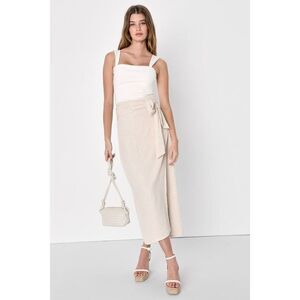 Lulus Breezy Personality Beige Linen Midi Wrap Skirt - Size XS